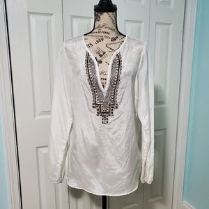 White, L/S, shear, deep-V blouse with bead design